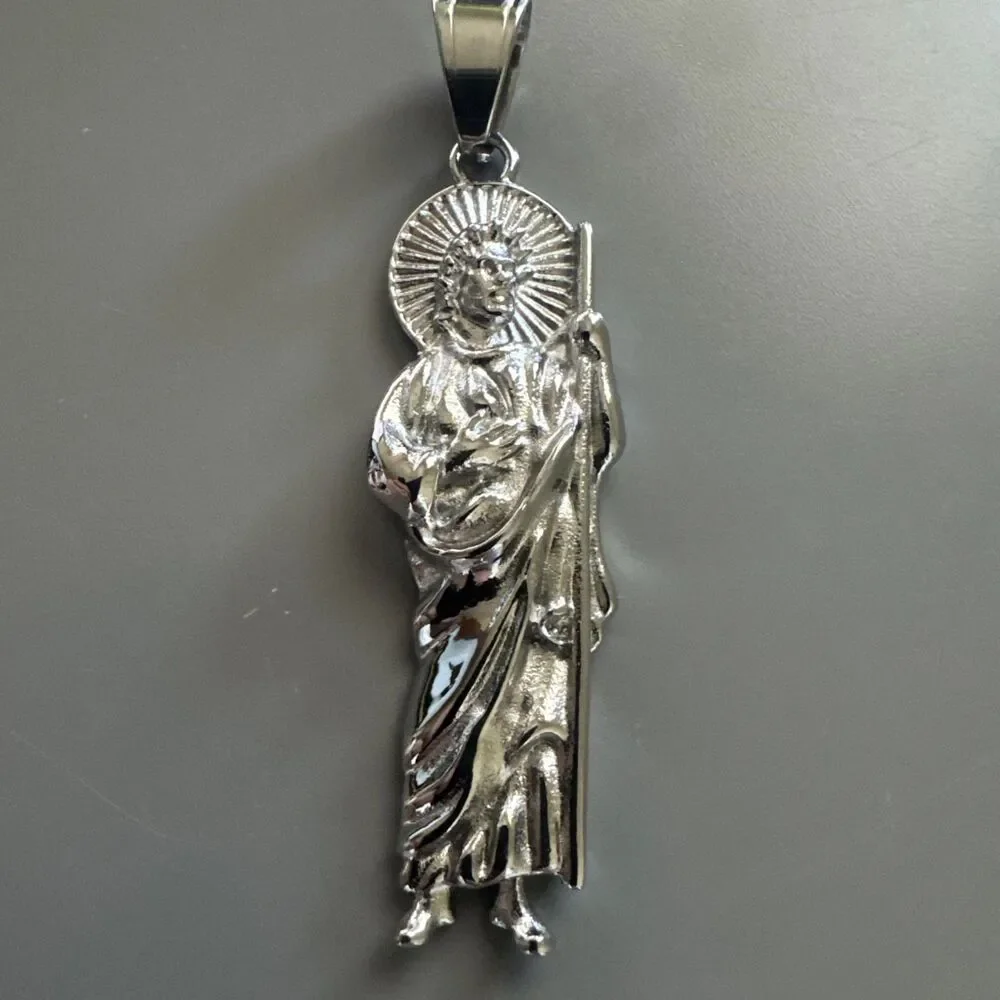 St. Jude Thaddeus Religious Pendant Silver Tone Stainless Steel 24” Chain Jesus